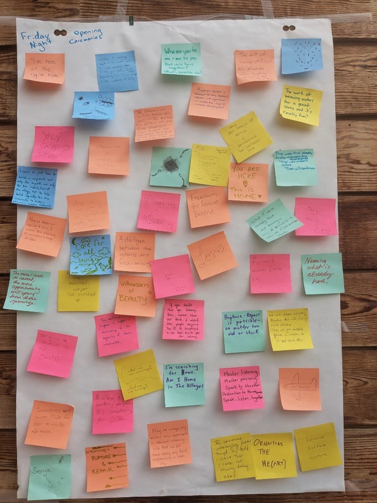 A harvest board covered in colourful sticky notes from opening ceremonies
