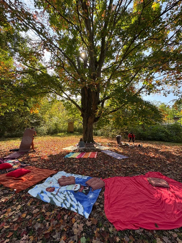 Participants laying out blankets and mats in a circle under a large tree